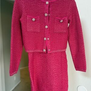 NWOT PAOLA BERNARDI set size s Chic Pink Knit Skirt Suit with Rhinestone Buttons